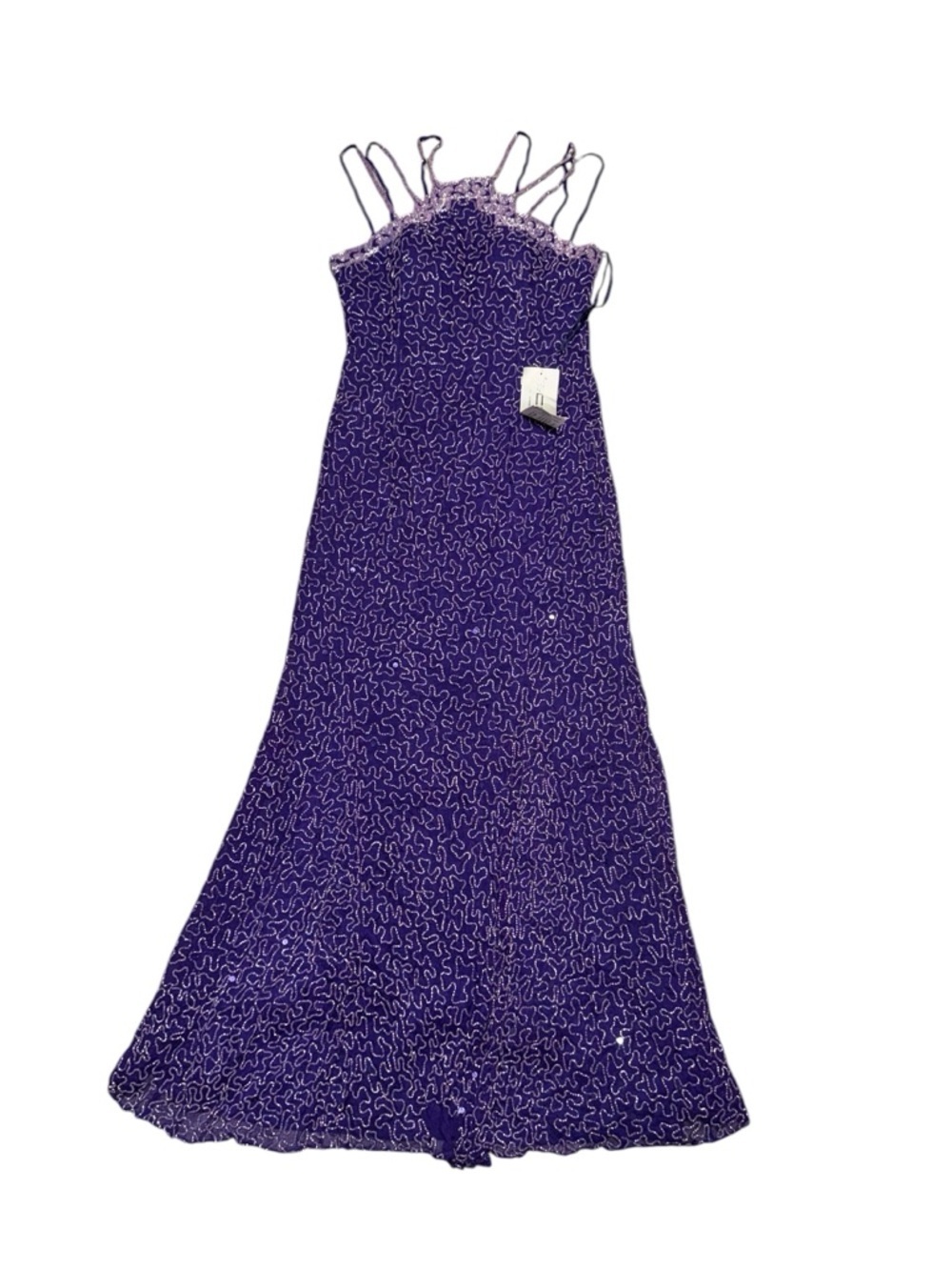 NWT VTG SCALA purple SILK Beaded Art Deco halter top maxi gown dress size LARGE